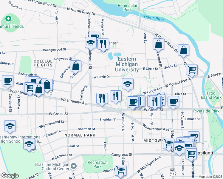 map of restaurants, bars, coffee shops, grocery stores, and more near in Ypsilanti