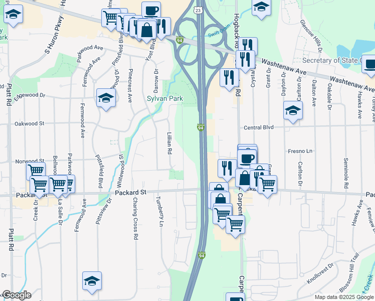map of restaurants, bars, coffee shops, grocery stores, and more near 2825 Burton Road in Ann Arbor