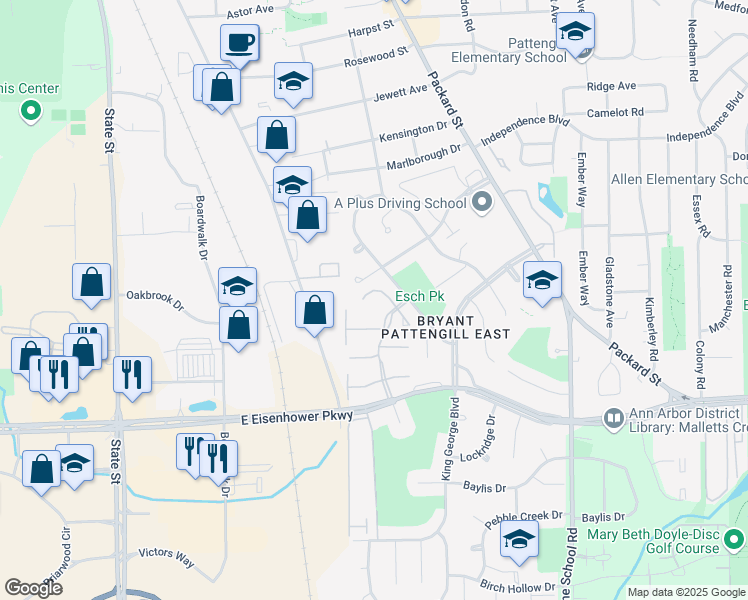 map of restaurants, bars, coffee shops, grocery stores, and more near 2634 Fenwick Court in Ann Arbor