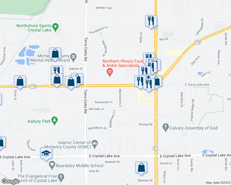 map of restaurants, bars, coffee shops, grocery stores, and more near 734 Savannah Lane in Crystal Lake
