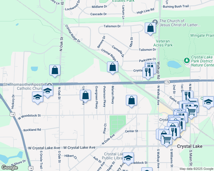map of restaurants, bars, coffee shops, grocery stores, and more near 226 Peterson Parkway in Crystal Lake