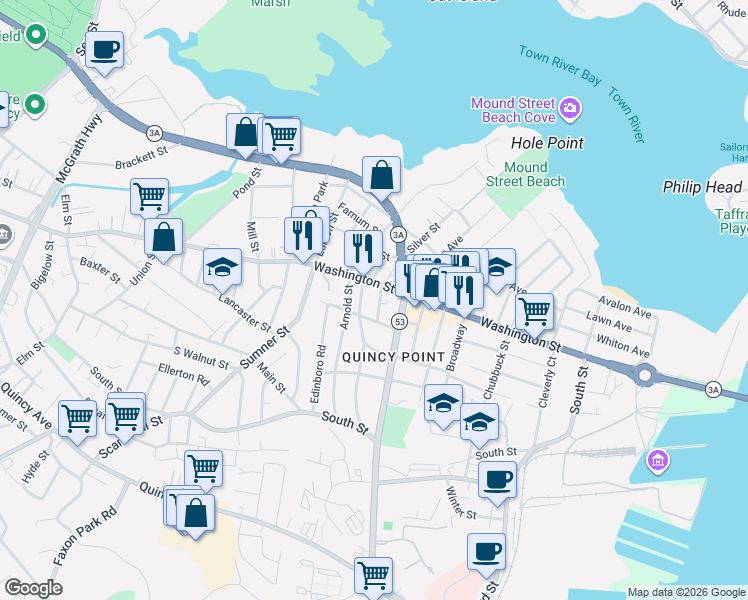 map of restaurants, bars, coffee shops, grocery stores, and more near 44 Murdock Avenue in Quincy