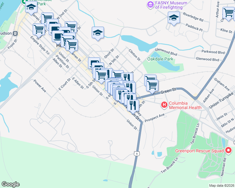 map of restaurants, bars, coffee shops, grocery stores, and more near 624 Warren Street in Hudson