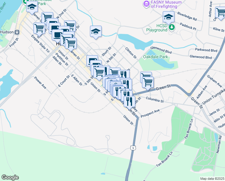 map of restaurants, bars, coffee shops, grocery stores, and more near 608 Warren Street in Hudson