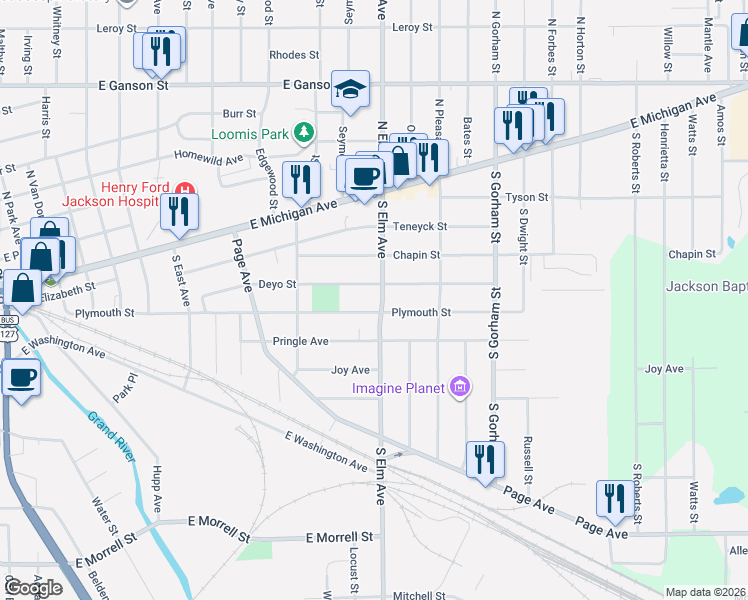 map of restaurants, bars, coffee shops, grocery stores, and more near 413 South Elm Avenue in Jackson