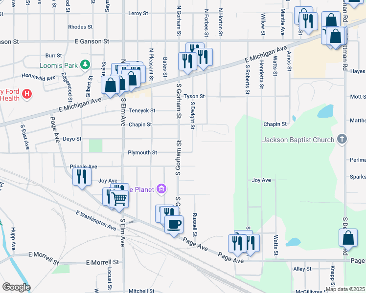 map of restaurants, bars, coffee shops, grocery stores, and more near 601 South Gorham Street in Jackson