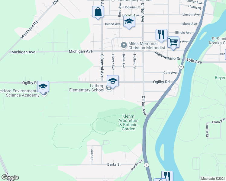 map of restaurants, bars, coffee shops, grocery stores, and more near 2603 Clover Avenue in Rockford