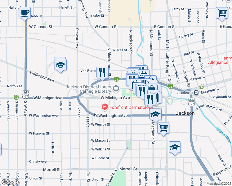 map of restaurants, bars, coffee shops, grocery stores, and more near 244 West Michigan Avenue in Jackson