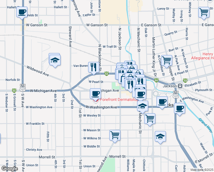map of restaurants, bars, coffee shops, grocery stores, and more near 244 West Michigan Avenue in Jackson