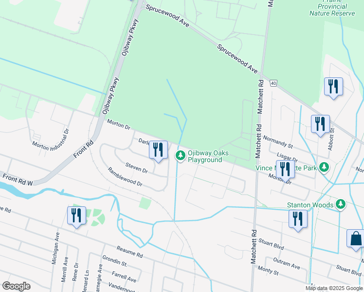 map of restaurants, bars, coffee shops, grocery stores, and more near Morton Drive in LaSalle