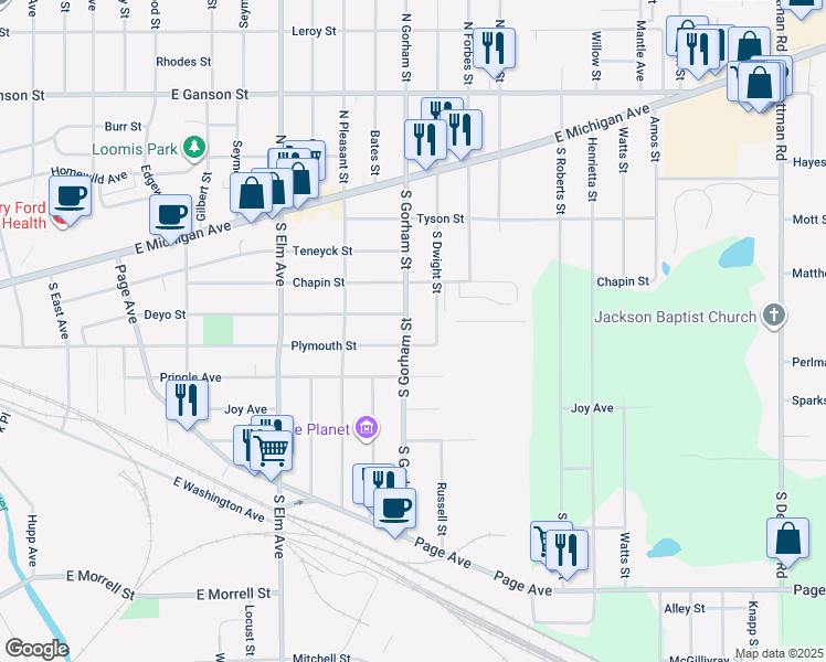 map of restaurants, bars, coffee shops, grocery stores, and more near 509 South Gorham Street in Jackson