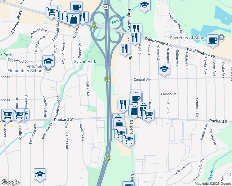 map of restaurants, bars, coffee shops, grocery stores, and more near 2790 Carpenter Road in Ann Arbor
