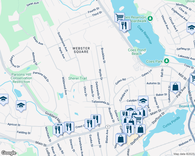 map of restaurants, bars, coffee shops, grocery stores, and more near 36 Delawanda Drive in Worcester