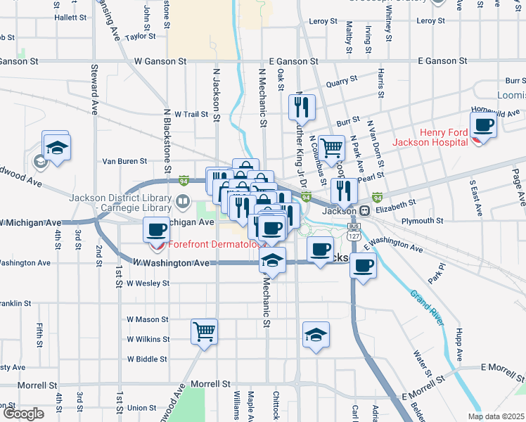 map of restaurants, bars, coffee shops, grocery stores, and more near 124 North Mechanic Street in Jackson