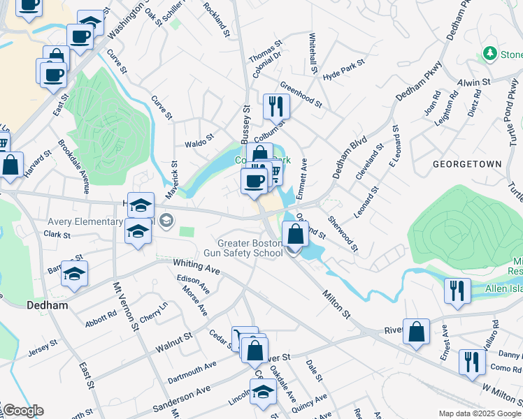 map of restaurants, bars, coffee shops, grocery stores, and more near in Dedham