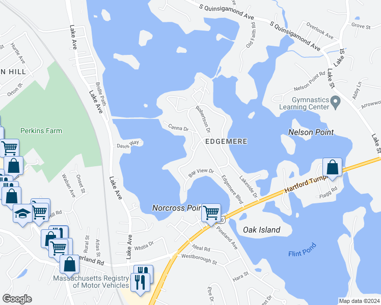 map of restaurants, bars, coffee shops, grocery stores, and more near 73 Bay View Drive in Shrewsbury