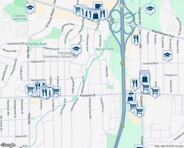 map of restaurants, bars, coffee shops, grocery stores, and more near 2725 Brandywine Drive in Ann Arbor