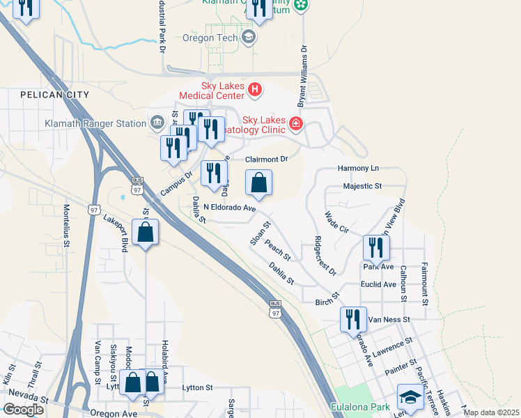 map of restaurants, bars, coffee shops, grocery stores, and more near 2130 North Eldorado Avenue in Klamath Falls