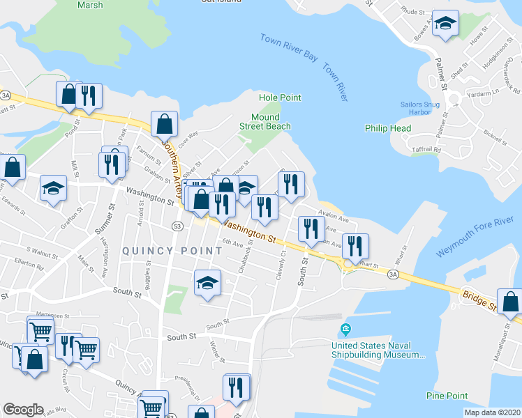 map of restaurants, bars, coffee shops, grocery stores, and more near 93 Curtis Avenue in Quincy