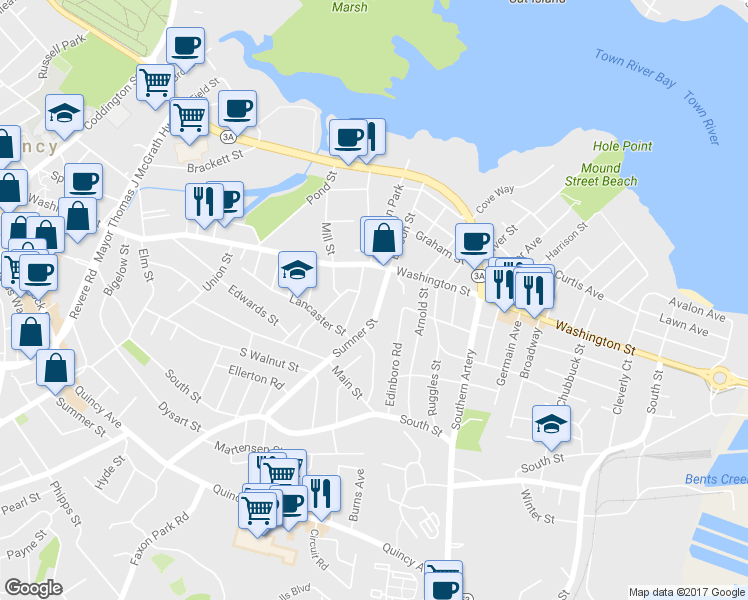 map of restaurants, bars, coffee shops, grocery stores, and more near 136 Sumner Street in Quincy