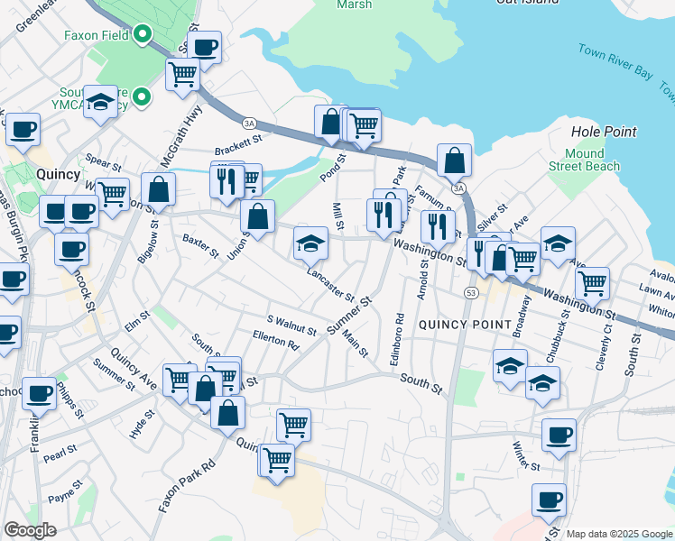 map of restaurants, bars, coffee shops, grocery stores, and more near 96 Lancaster Street in Quincy