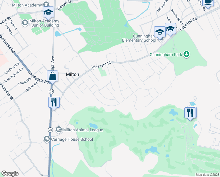 map of restaurants, bars, coffee shops, grocery stores, and more near 23 Spruce Street in Milton