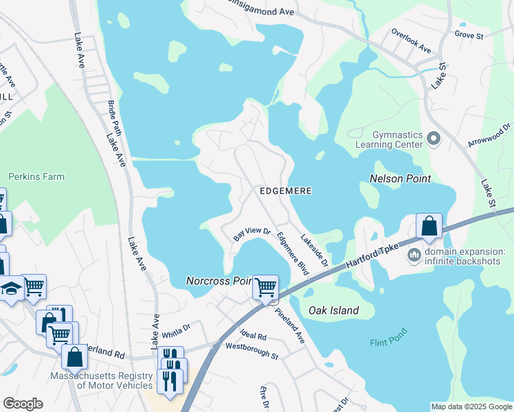 map of restaurants, bars, coffee shops, grocery stores, and more near 22 Bay View Drive in Shrewsbury