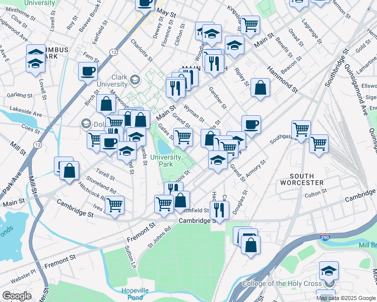 map of restaurants, bars, coffee shops, grocery stores, and more near 51 Illinois Street in Worcester