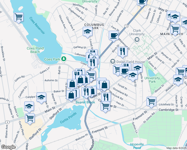 map of restaurants, bars, coffee shops, grocery stores, and more near 50 Mill Street in Worcester