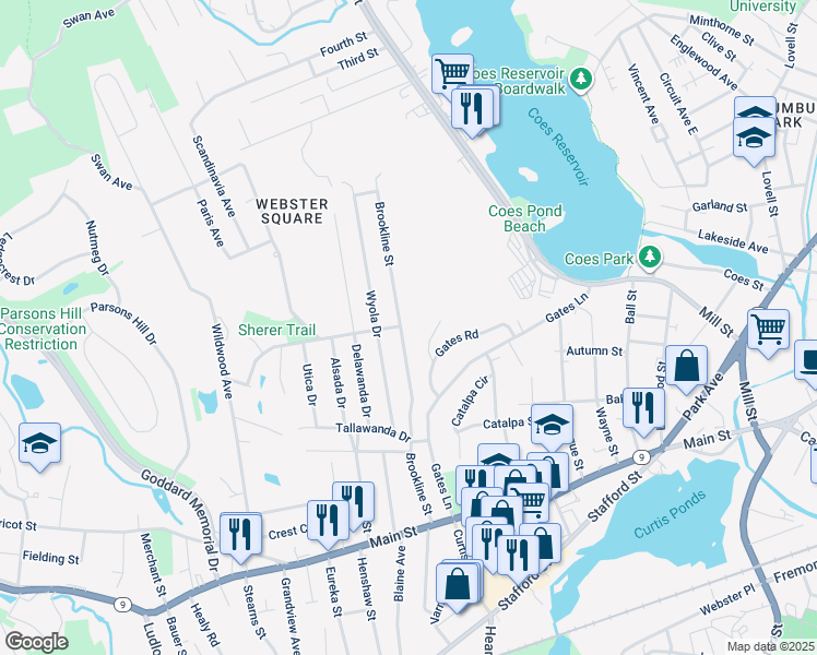 map of restaurants, bars, coffee shops, grocery stores, and more near 115 Brookline Street in Worcester