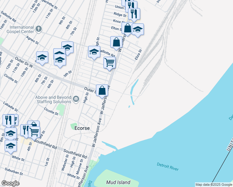 map of restaurants, bars, coffee shops, grocery stores, and more near 40 East Westfield Street in Ecorse