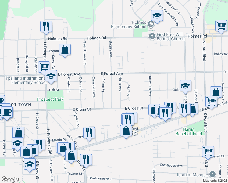 map of restaurants, bars, coffee shops, grocery stores, and more near 564 Bagley Avenue in Ypsilanti