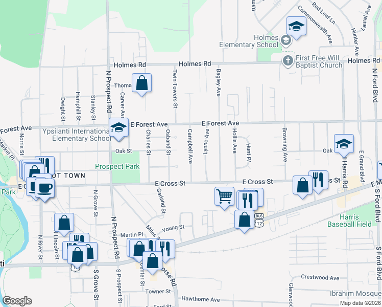 map of restaurants, bars, coffee shops, grocery stores, and more near 421 Campbell Avenue in Ypsilanti