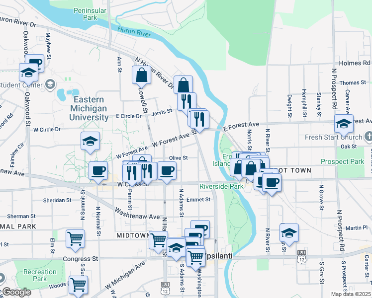 map of restaurants, bars, coffee shops, grocery stores, and more near 502 North Adams Street in Ypsilanti