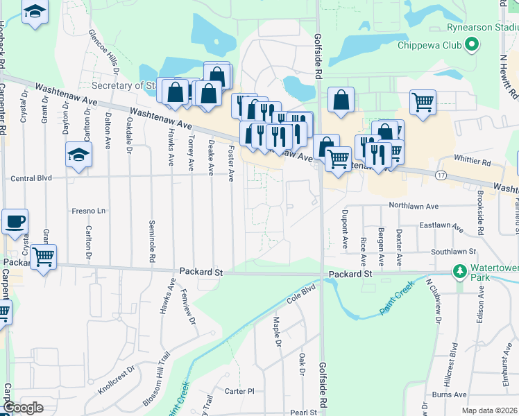 map of restaurants, bars, coffee shops, grocery stores, and more near 4824 Washtenaw Avenue in Ann Arbor
