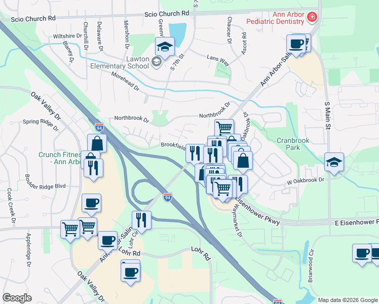 map of restaurants, bars, coffee shops, grocery stores, and more near 2694-2754 Ann Arbor-Saline Road in Ann Arbor