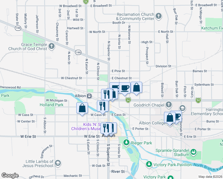 map of restaurants, bars, coffee shops, grocery stores, and more near 400 Block North Superior Street in Albion