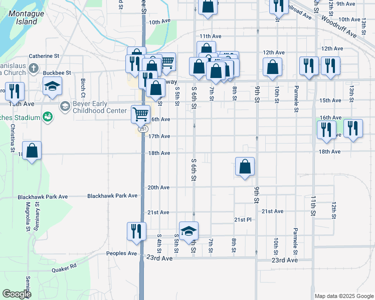 map of restaurants, bars, coffee shops, grocery stores, and more near 1908 South 5th Street in Rockford