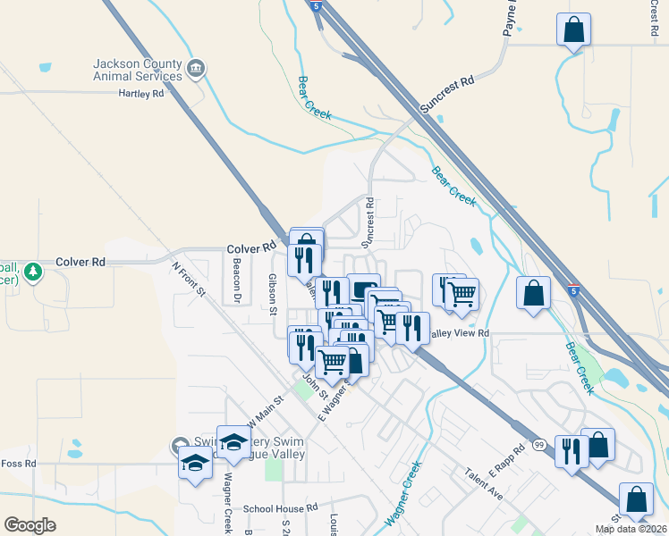 map of restaurants, bars, coffee shops, grocery stores, and more near 210 North Pacific Highway in Talent