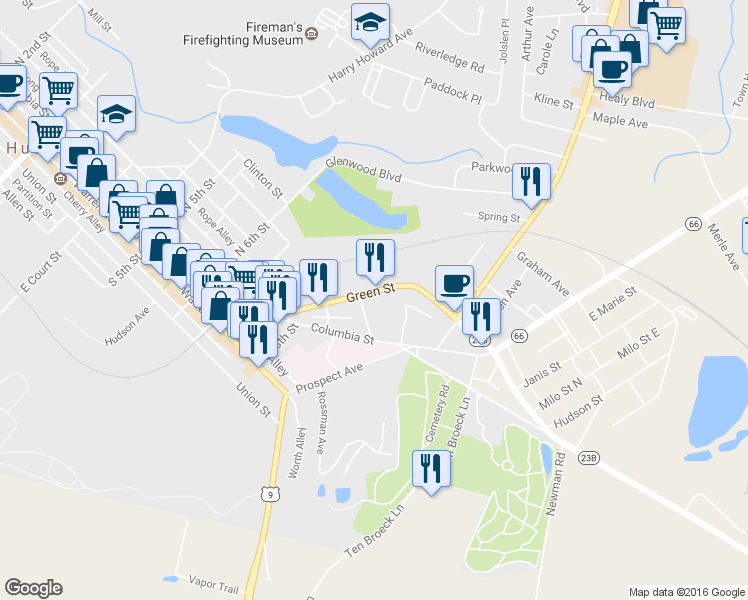 map of restaurants, bars, coffee shops, grocery stores, and more near 87 Green Street in Hudson