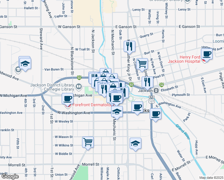 map of restaurants, bars, coffee shops, grocery stores, and more near 124 North Mechanic Street in Jackson