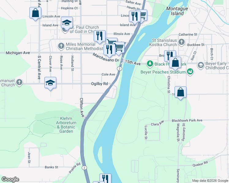 map of restaurants, bars, coffee shops, grocery stores, and more near 2433 River Oaks Lane in Rockford