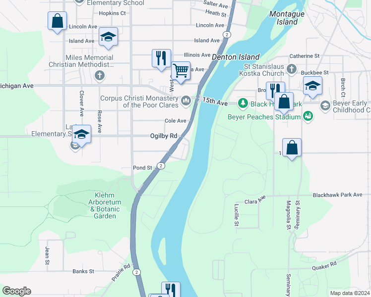 map of restaurants, bars, coffee shops, grocery stores, and more near 2433 River Oaks Lane in Rockford