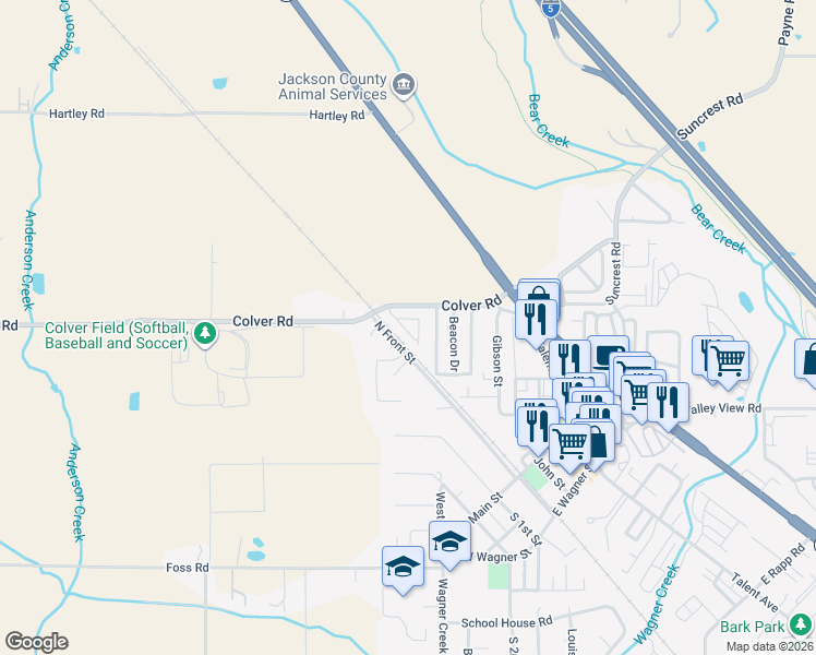 map of restaurants, bars, coffee shops, grocery stores, and more near 201 North Front Street in Talent