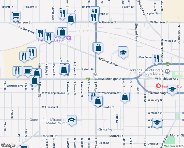map of restaurants, bars, coffee shops, grocery stores, and more near 56 South Grinnell Street in Jackson