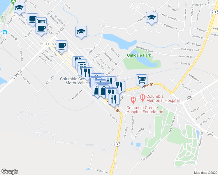 map of restaurants, bars, coffee shops, grocery stores, and more near 704 Columbia Street in Hudson