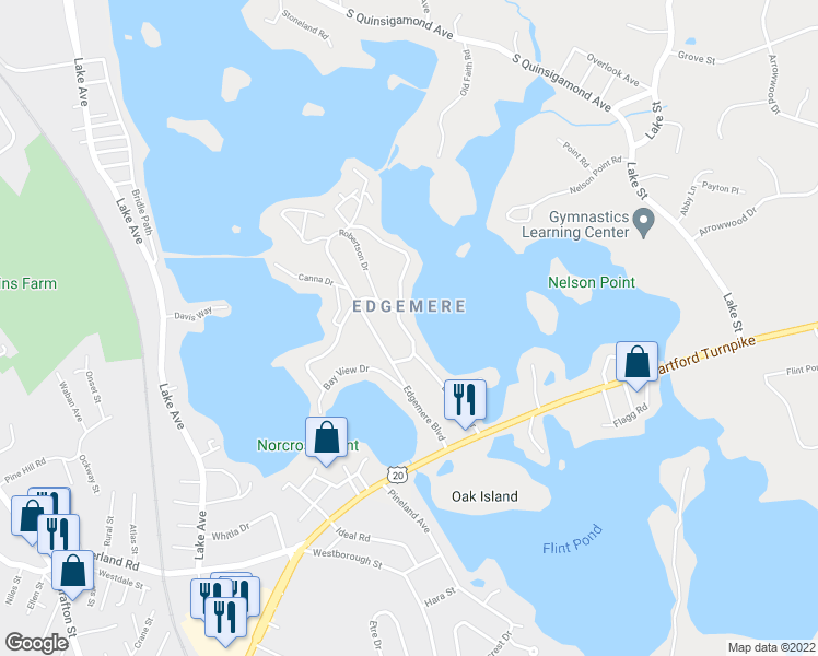 map of restaurants, bars, coffee shops, grocery stores, and more near 56 Lakeside Drive in Shrewsbury