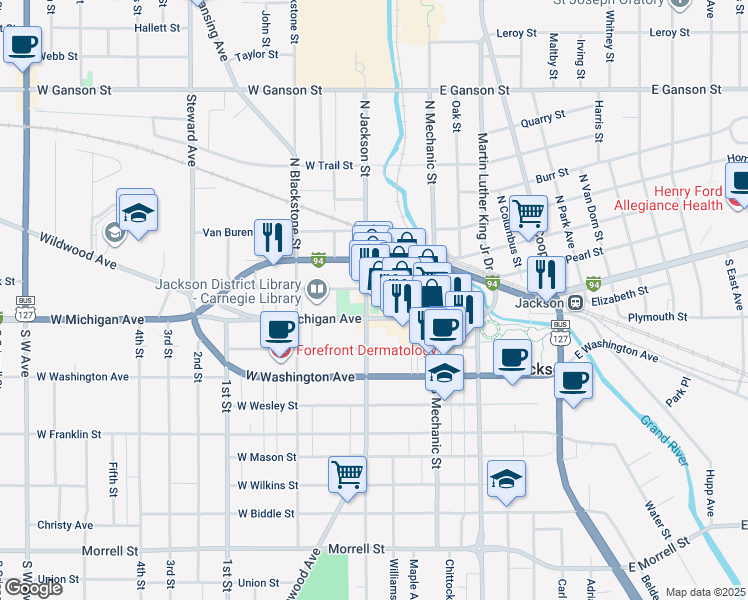 map of restaurants, bars, coffee shops, grocery stores, and more near 125 North Jackson Street in Jackson