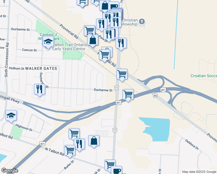 map of restaurants, bars, coffee shops, grocery stores, and more near 4785 Walker Road in Windsor