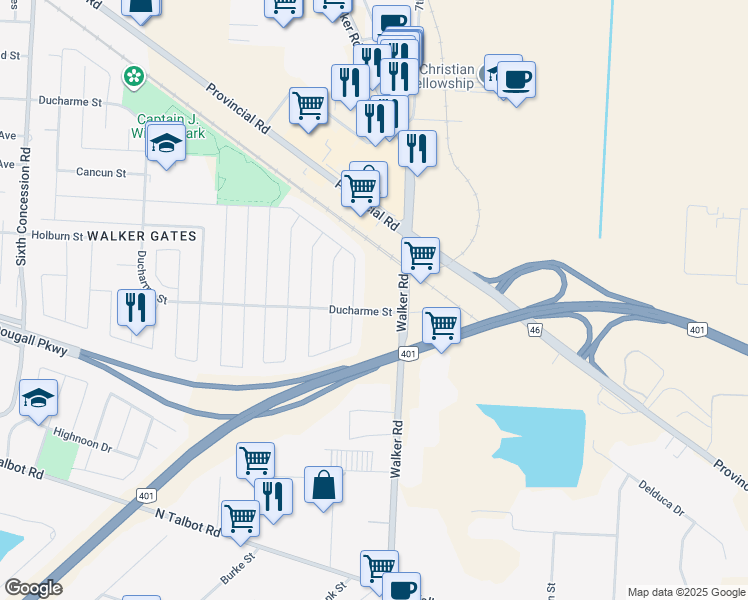 map of restaurants, bars, coffee shops, grocery stores, and more near 4785 Walker Road in Windsor